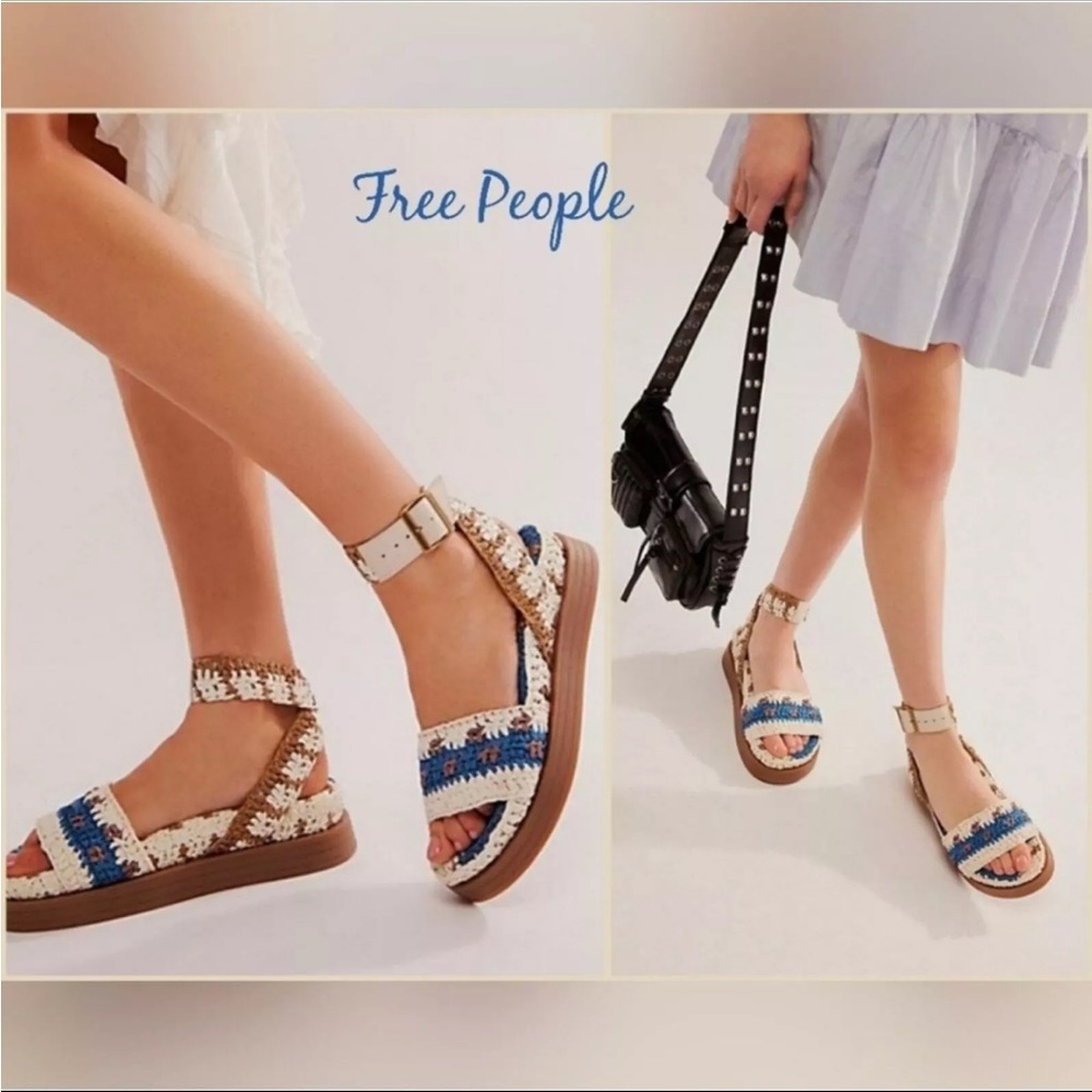 Free People Roma Raffia Platform Blue and Cream Sandals - Picture 2 of 10